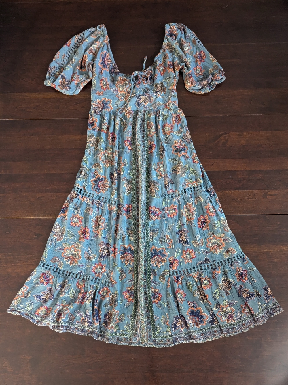 Milkmaid Renaissance Puff Sleeve Floral Tiered Maxi Dress Cottagecore Fairy Boho - Picture 3 of 11